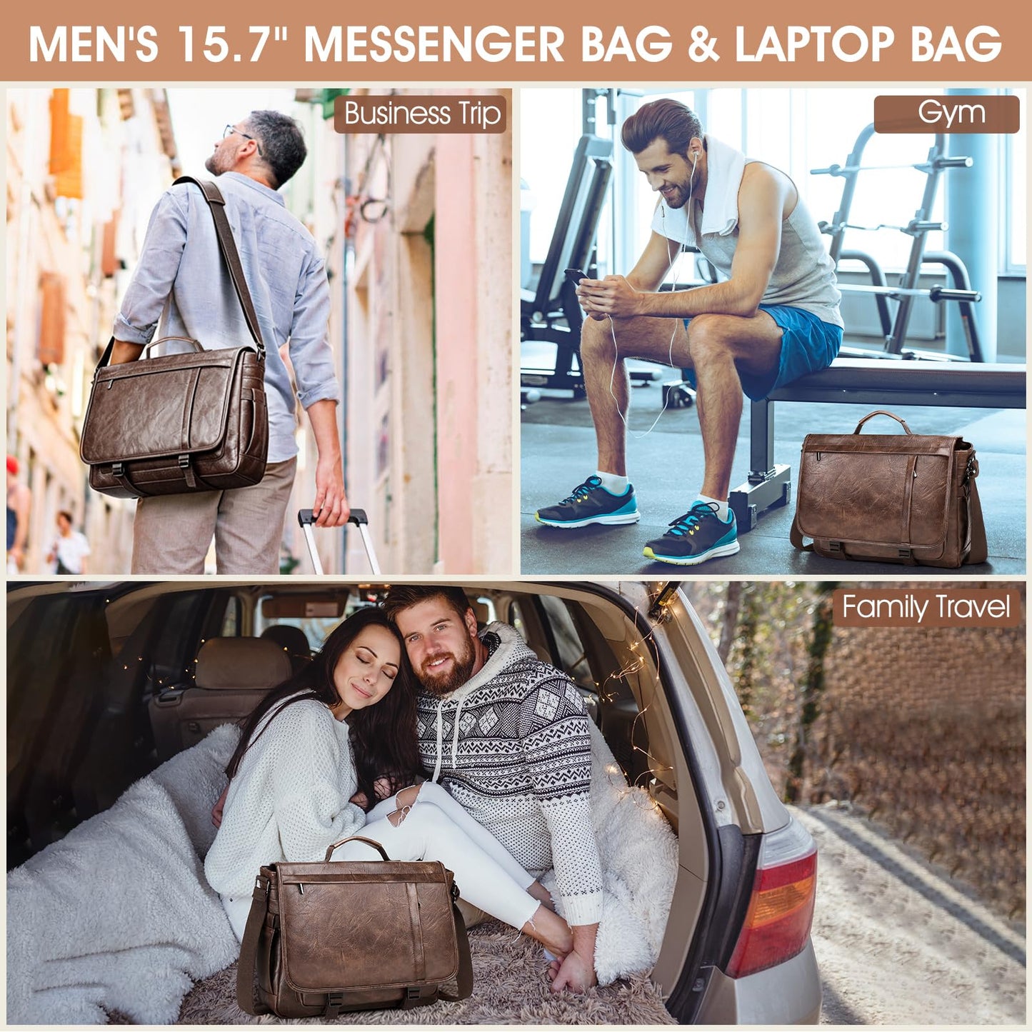 17.3 Inch Messenger Bag for Men: Laptop Bag PU Leather Work Briefcase Large Carry On Computer for Office College Travel,PU Coffee
