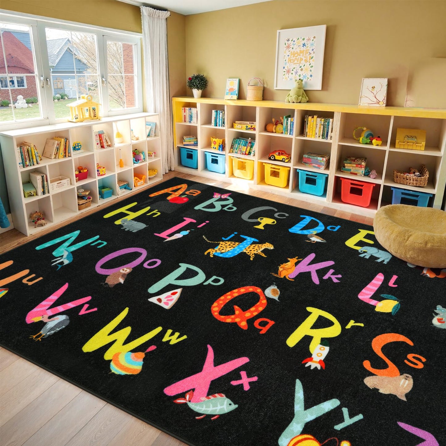 LIVEBOX 7'5" x 13' Black ABC Kids Classroom Carpet, Large Washable Alphabet Educational Learning Area Rugs for Classroom Elementary, Non-Slip Preschool Kids Teacher Rug for Kindergarten Daycare Baby