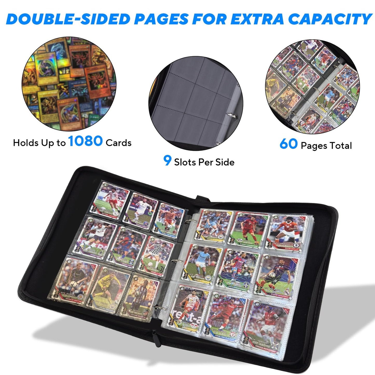 ULLTOON Portable 9-Pocket Trading Card Binder, Holds 1080 Cards with 60 Removable Double-Sided Sleeves, Baseball Card Binder Card Storage Organizer Album for Boys, Girls, Sports & Game Cards