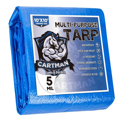 CARTMAN Finished Size 10x10 Feet Blue Poly Tarp 5 Mil Thick, Multipurpose Protective Cover for Camping, Tent, Boat, RV, Car