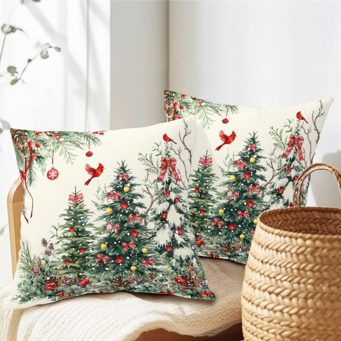 Christmas Pillow Covers 24x24 Inch Set of 2 Rustic Christmas Tree Decorative Outdoor Throw Pillows Winter Green Square Cotton Linen Cushion Case for Sofa Bed Couch Indoor Home Christmas Decor