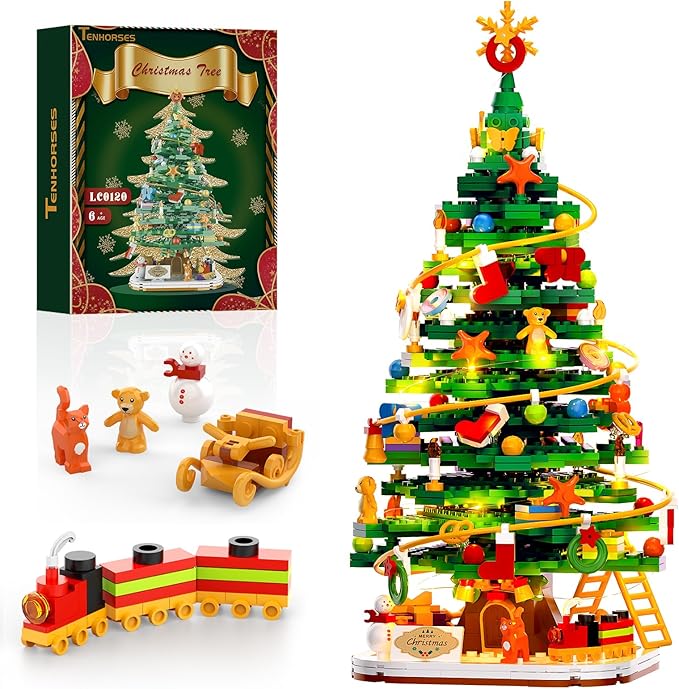 Christmas Tree with LED Light Building Blocks Compatible with Lego Christmas Ornaments Set for Tabletop Home Wreath Snowflake Xmas Decoration Stocking Stuffers Toy for Boys Girls Adults