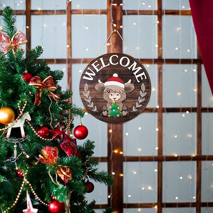 35 Pcs Christmas Interchangeable Highland Cow Welcome Sign Highland Cow Seasonal Wooden Hanging Door Decor Thanksgiving Farmhouse Hanging Sign for Front Door Xmas Party Decoration Gift