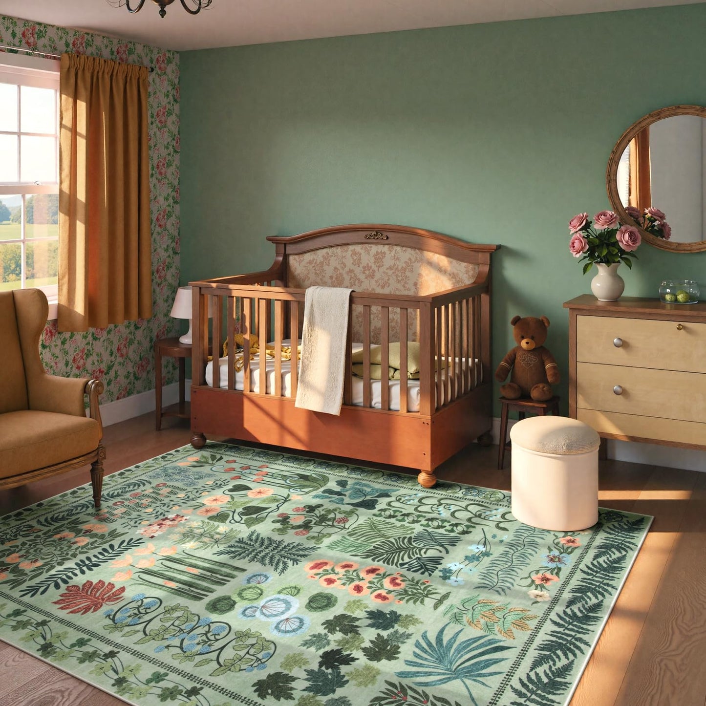 Zealude Floral Boho Washable 5x7 Area Rug for Living Room, Green Botanical Rug for Bedroom Dining Room Low Pile Non Slip, No Shed Large Carpet for Home Office Decor