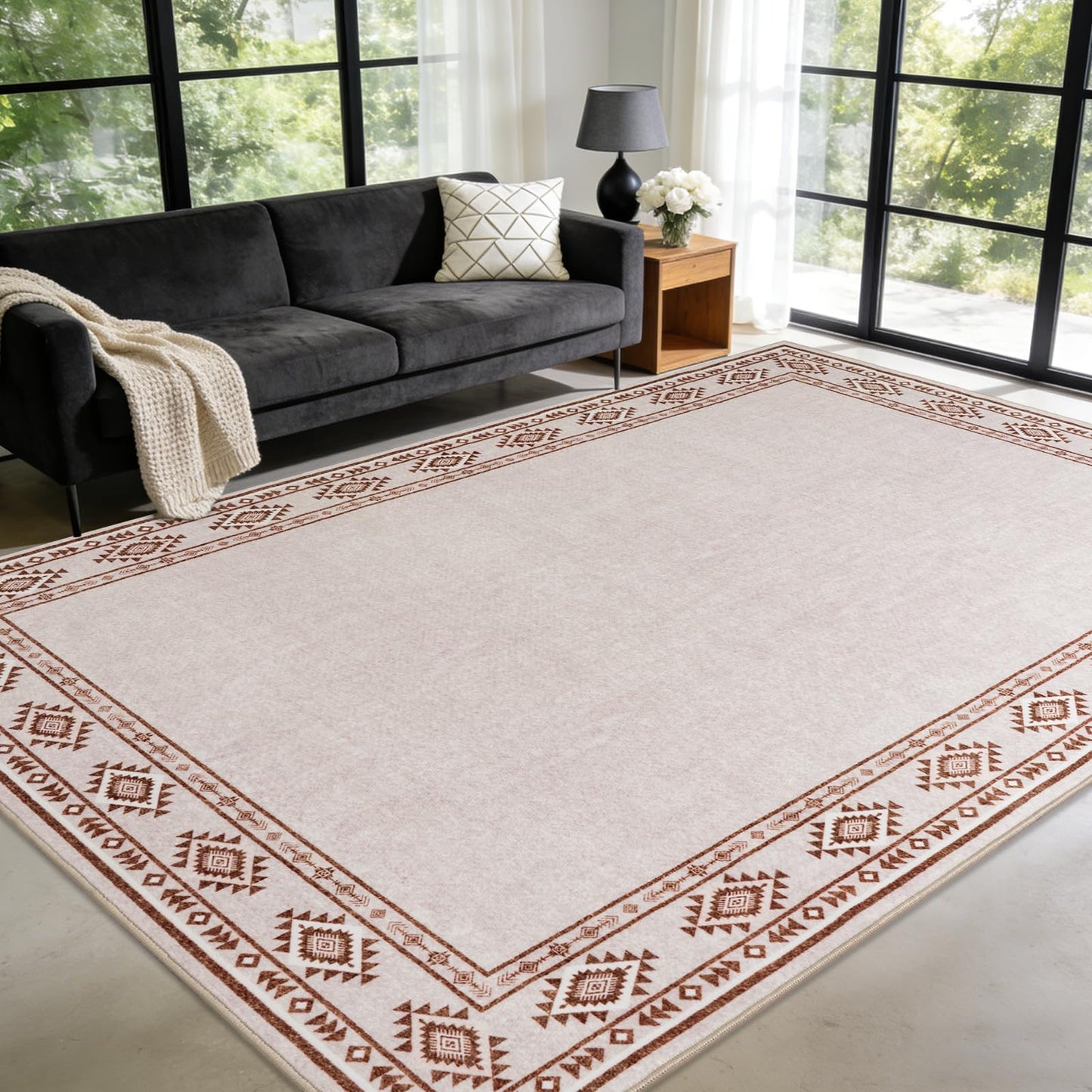 QDUIDU Large Area Rug for Bedroom Living Room, 4x6 Feet Ultra Soft Cream Rugs Washable Modern Geometric Bordered Non Slip Low Pile Carpets Home Decor