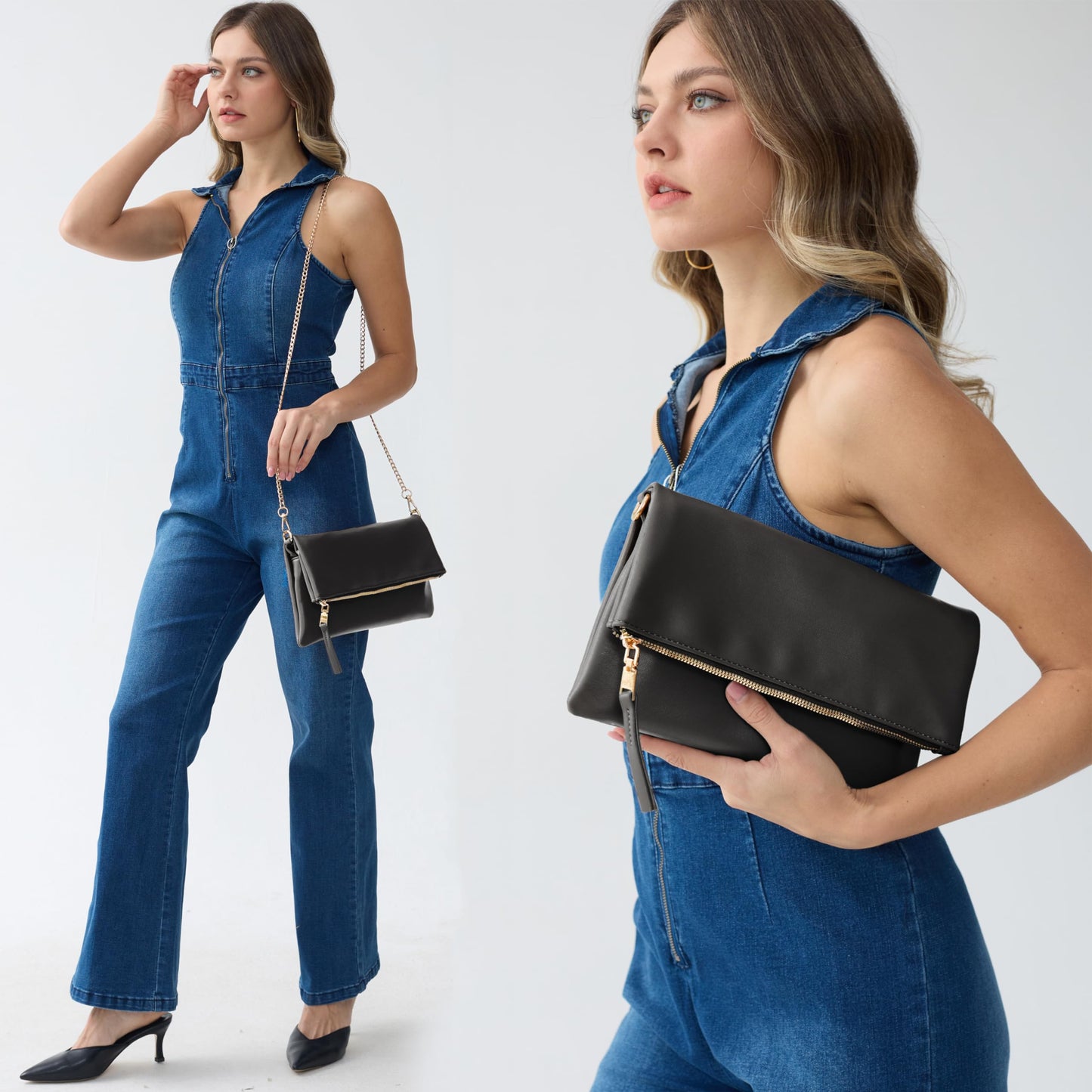 Women's Zipper Foldover Clutch Vegan Leather Envelope Cross body Bag with Chain Strap (Black)