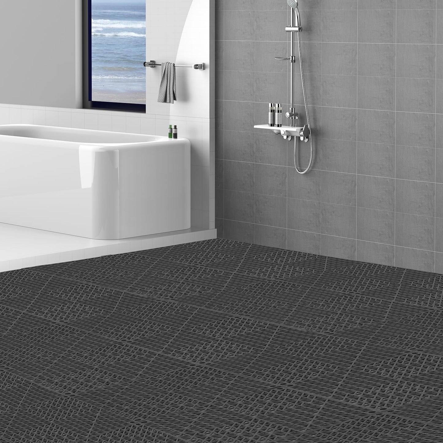 VEVOR Interlocking Tile 55PCS Black, Drainage Tiles 12" x 12" Splicing, Soft PVC Interlocking Drainage Floor Tiles, Non-Slip Drainage Holes for Restroom, Bathroom, Kitchen, Pool, Wet Areas