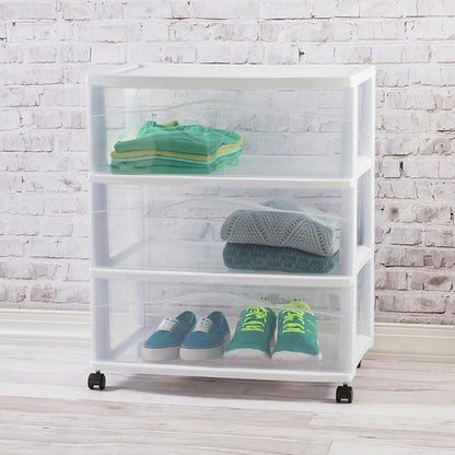 Sterilite 3 Pack Wide 3 Drawer Storage Cart, Plastic Organizer with Wheels, White - Multipurpose Bin for Clothes, Accessories, or Home Accessories