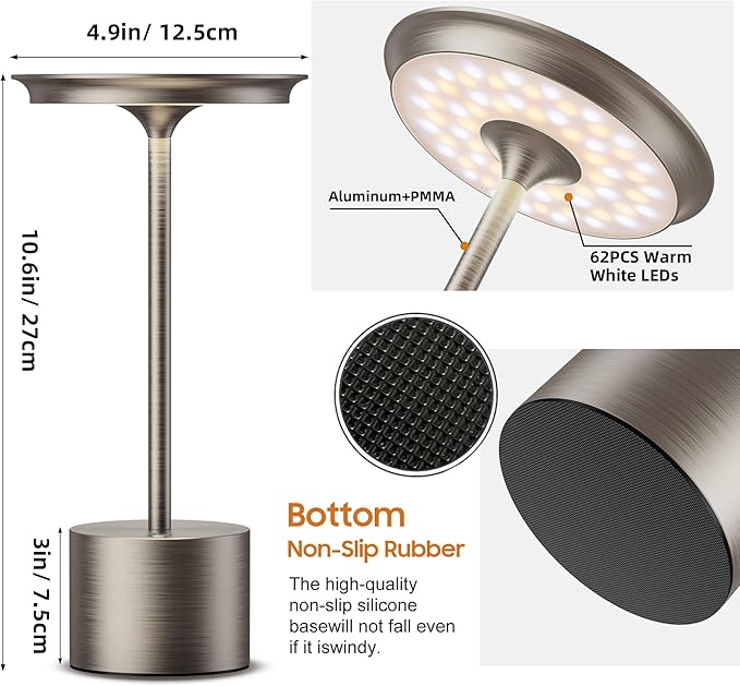Cordless Table Lamp, Portable Rechargeable 6000mAh Outdoor Table Lamp, 3 Color Stepless Dimming Battery Powered Lamp, LED Table Light for Dinner/Bedroom/Restaurant/Outdoor (Silver)