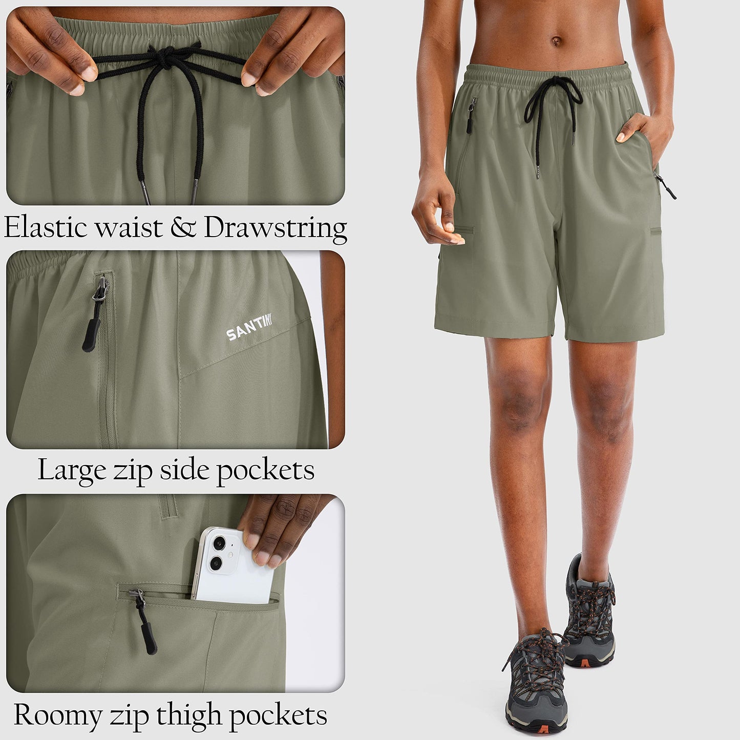 SANTINY Women's 5''/ 7''/9'' Hiking Cargo Shorts Quick Dry Lightweight Summer Shorts for Women Athletic Golf Zipper Pockets(Silver Sage_L)