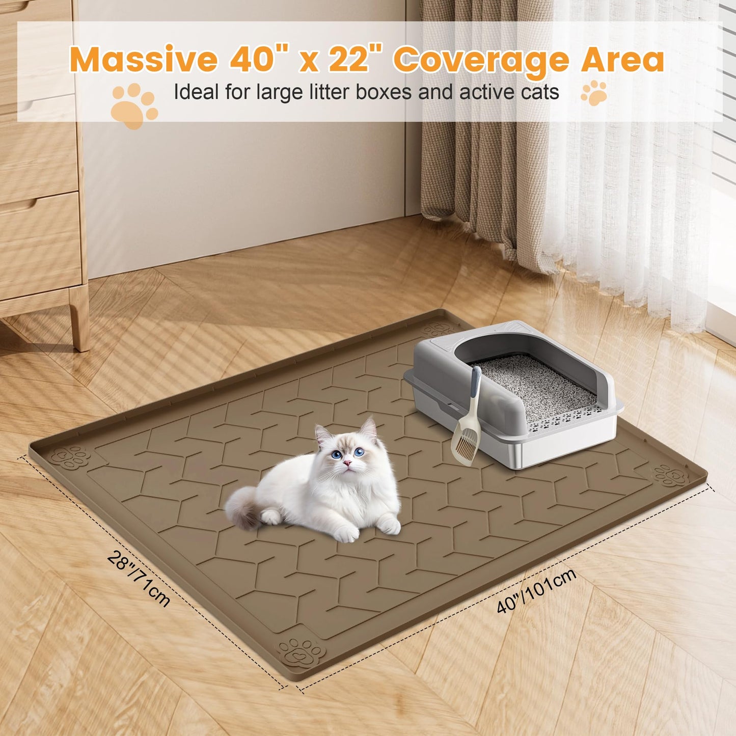 Motsamla Cat Litter Mat, Extra Large 40"x28" Silicone Mat for Litter Box, Waterproof & Non-Slip Rubber Mat with Lip, Litter Trapping & Scatter Control, Soft on Cat Paws, Urine-Proof Floor Protector
