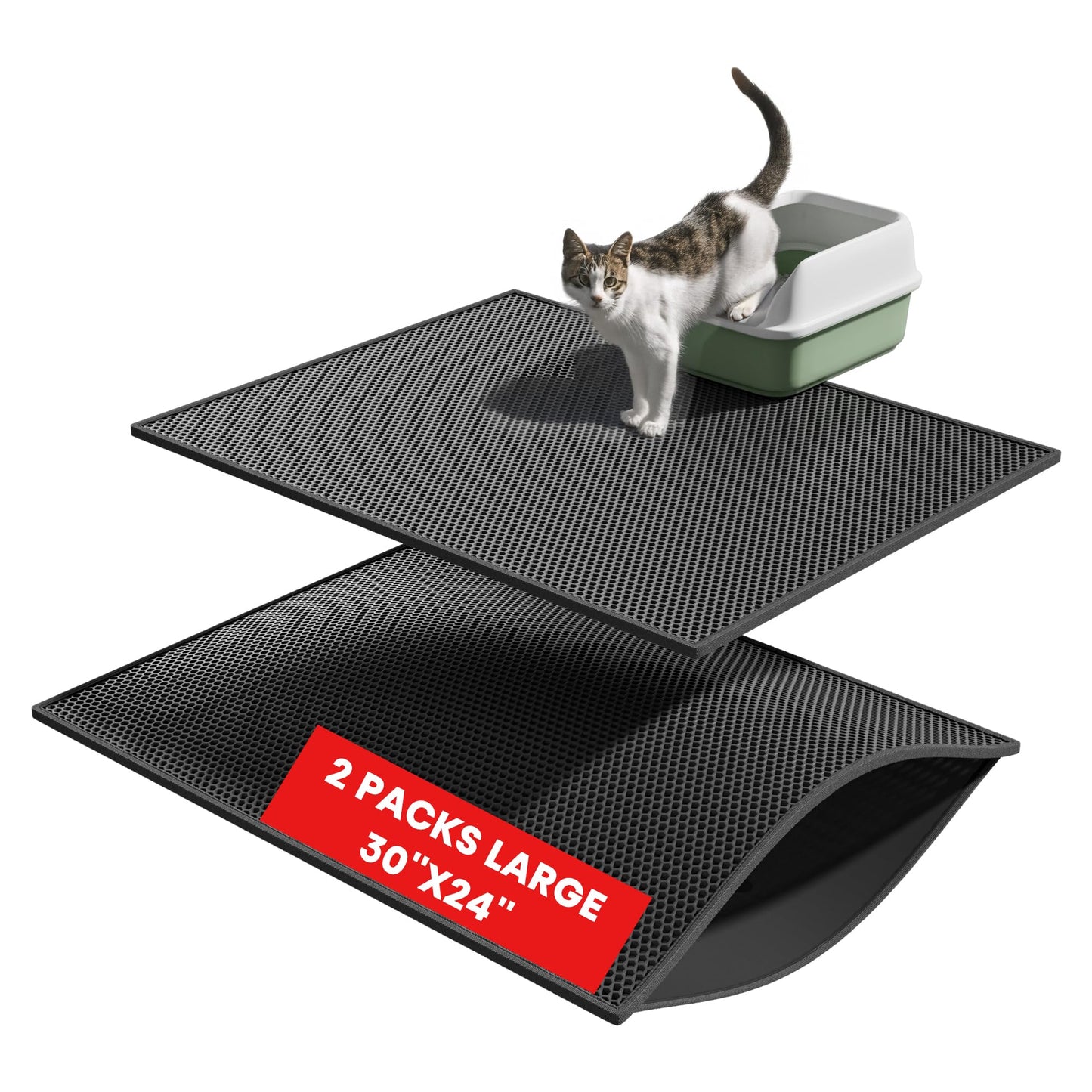 Pieviev 2 Packs Cat Litter Mat Double Layer Waterproof Urine Proof Trapping Mat (30''X24'', Black)
