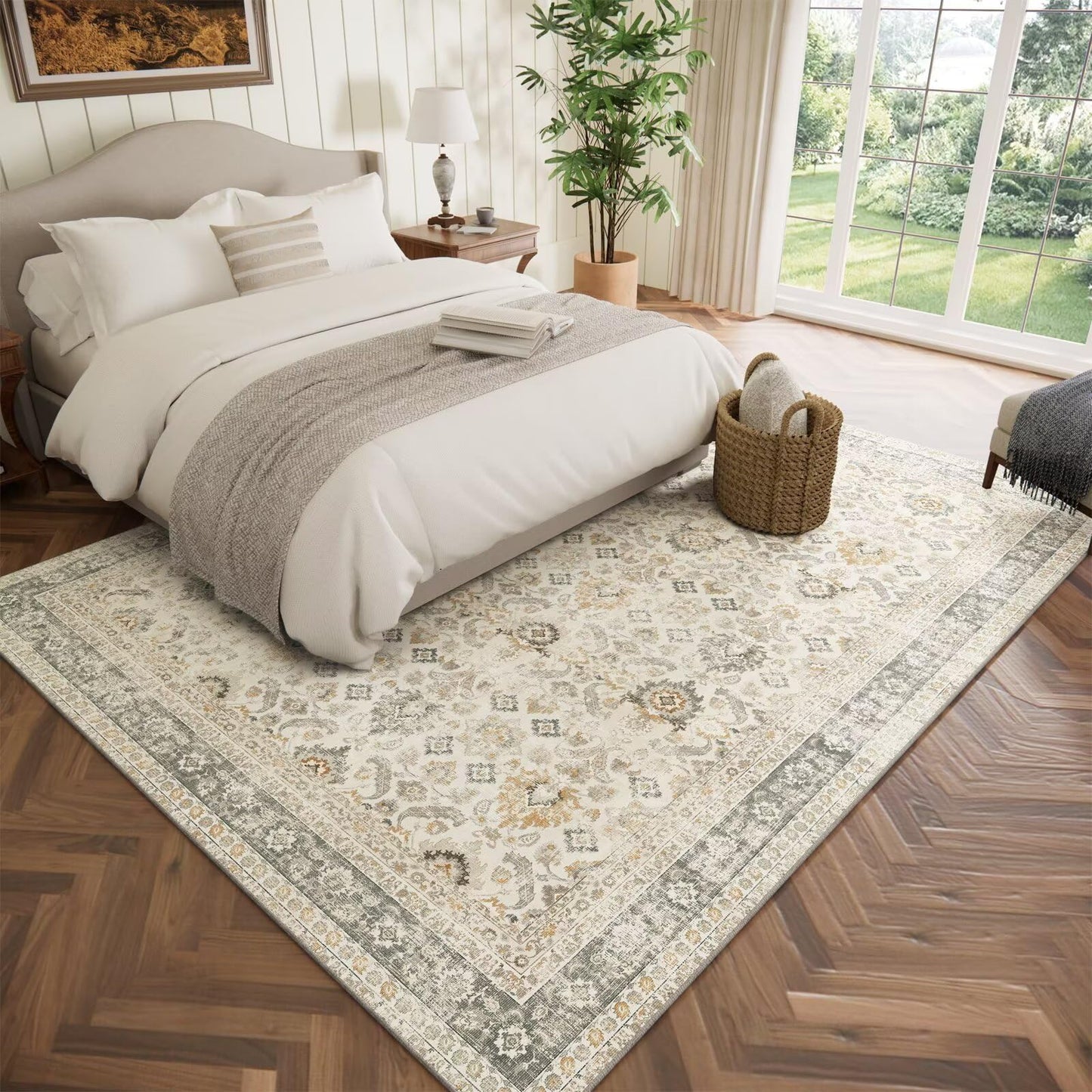 Hedwior Boho Washable 5x7 Area Rugs for Living Room, Cushioned, Beige/Grey