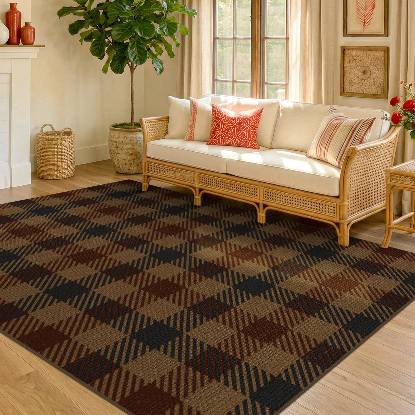 5x7 Farmhouse Mudroom Rug – Washable Non Slip Large Entryway Area Rug for Back Door, Garage Entrance, Durable Indoor Outdoor Style Plaid Rug for Kitchen Dining Room, Dark Brown