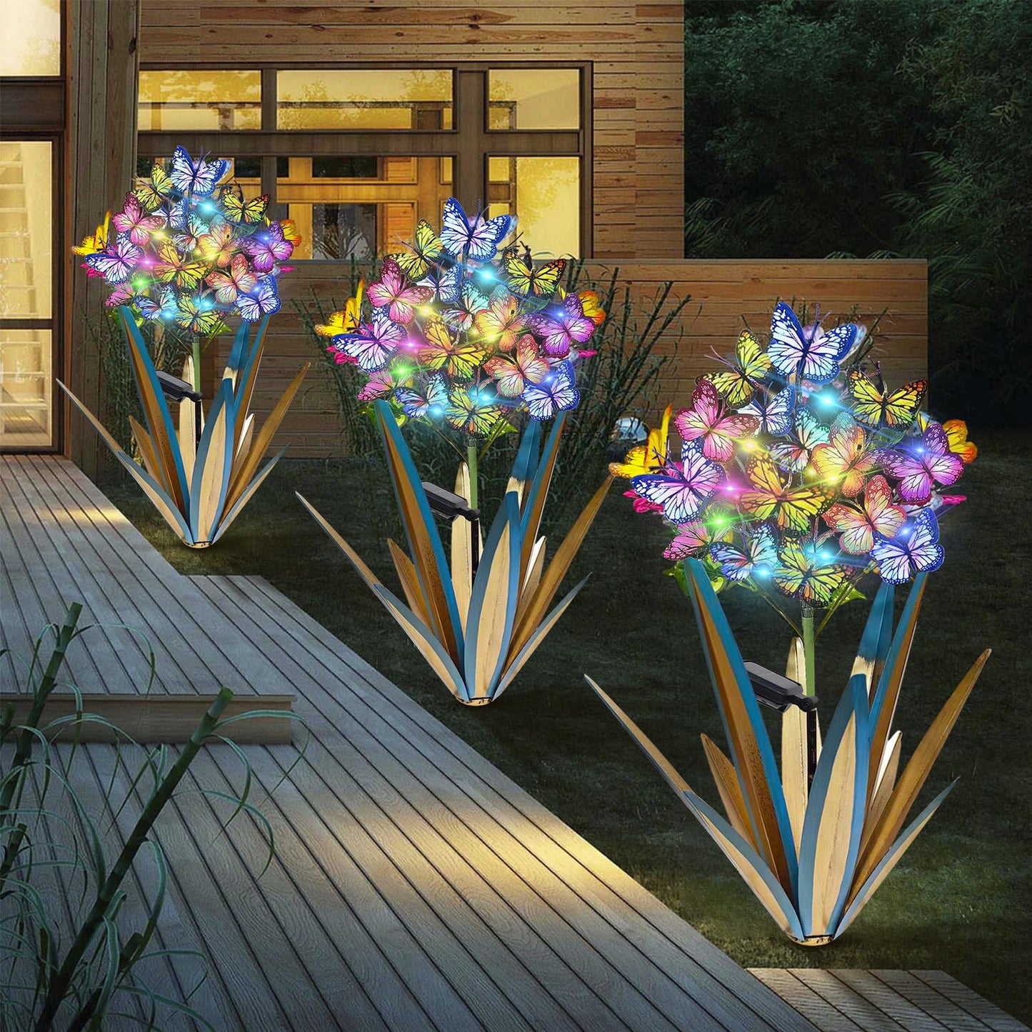 Homight Solar Metal Agave Butterfly Flower Stick Garden Sculpture - Outdoor Christmas Lights With Swaying Butterfly Sunflower - Solar Outdoor Gift (3 PCS Blue)