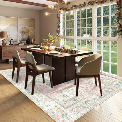 Vhong Boho Area Rugs Vintage Washable Neutral Modern Dusty Pink and Green 5x7 Non Slip Carpet for Nursery Living Room Dining Room Bedroom Farmhouse Girls'Room