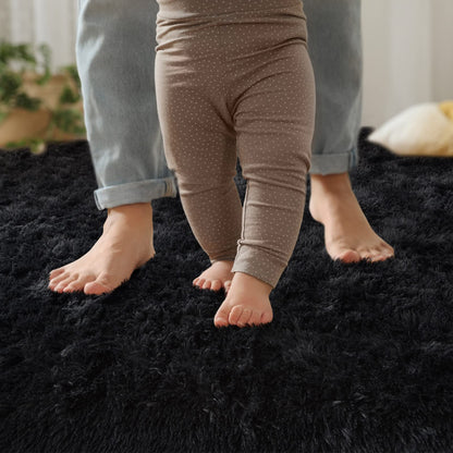 YJ.GWL Fluffy Runner Rug for Bedroom Living Room Soft Shag Rugs 2x6 Feet, Black Plush Carpet Non Slip for Nursery Dorm, Fuzzy Bedside Rug for Kids Boys Girls Room Home Decor