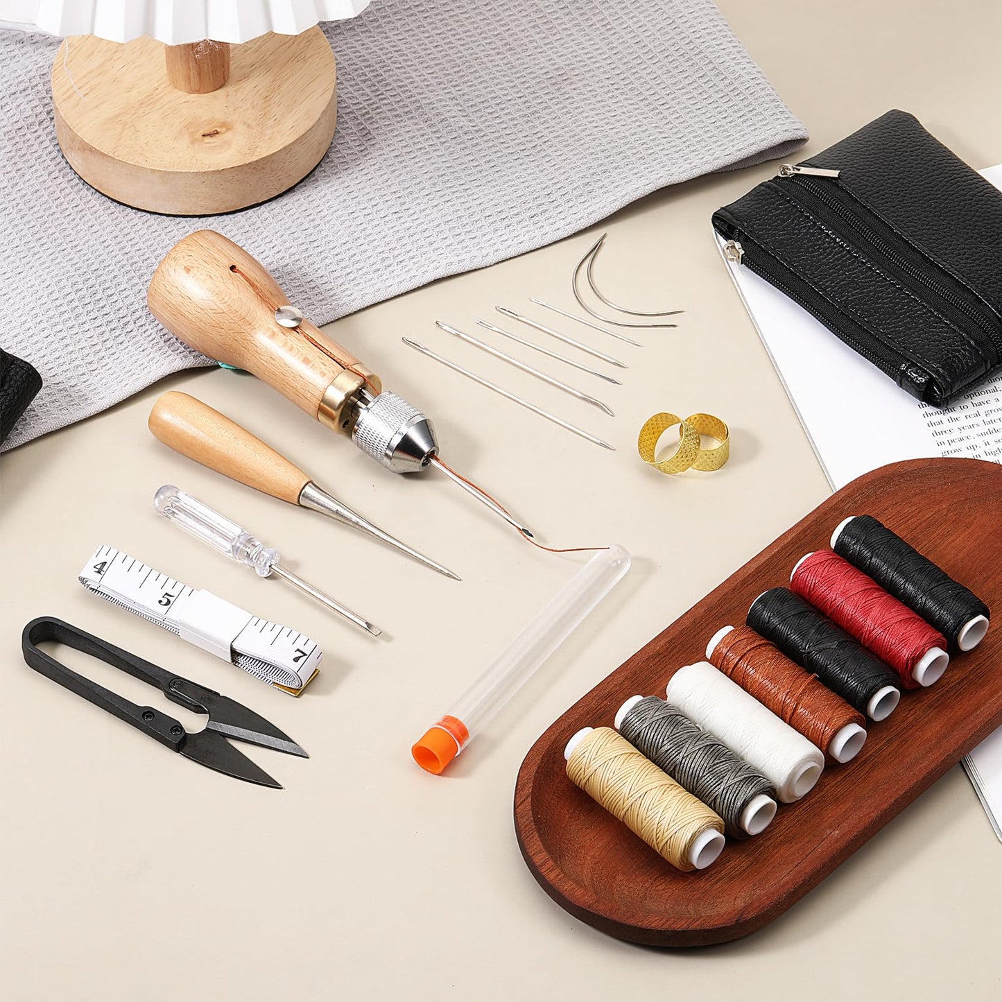 24pcs Leather Sewing Awl Needles Kit Professional Portable Leather Stitching Tool with Straight Curved Needles Waxed Threads Screwdriver Scissors Tape Measure for Furniture Repair