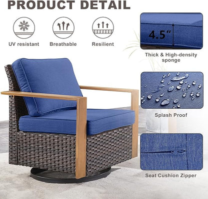 Rilyson Outdoor Wicker Patio Furniture Set - 4 Piece Patio Conversation Set with 2 Wicker Swivel Rocker Chairs,2 Rattan Ottoman, Thick Cushions, Deep Seating, Wide Armrest(Brown/Blue)