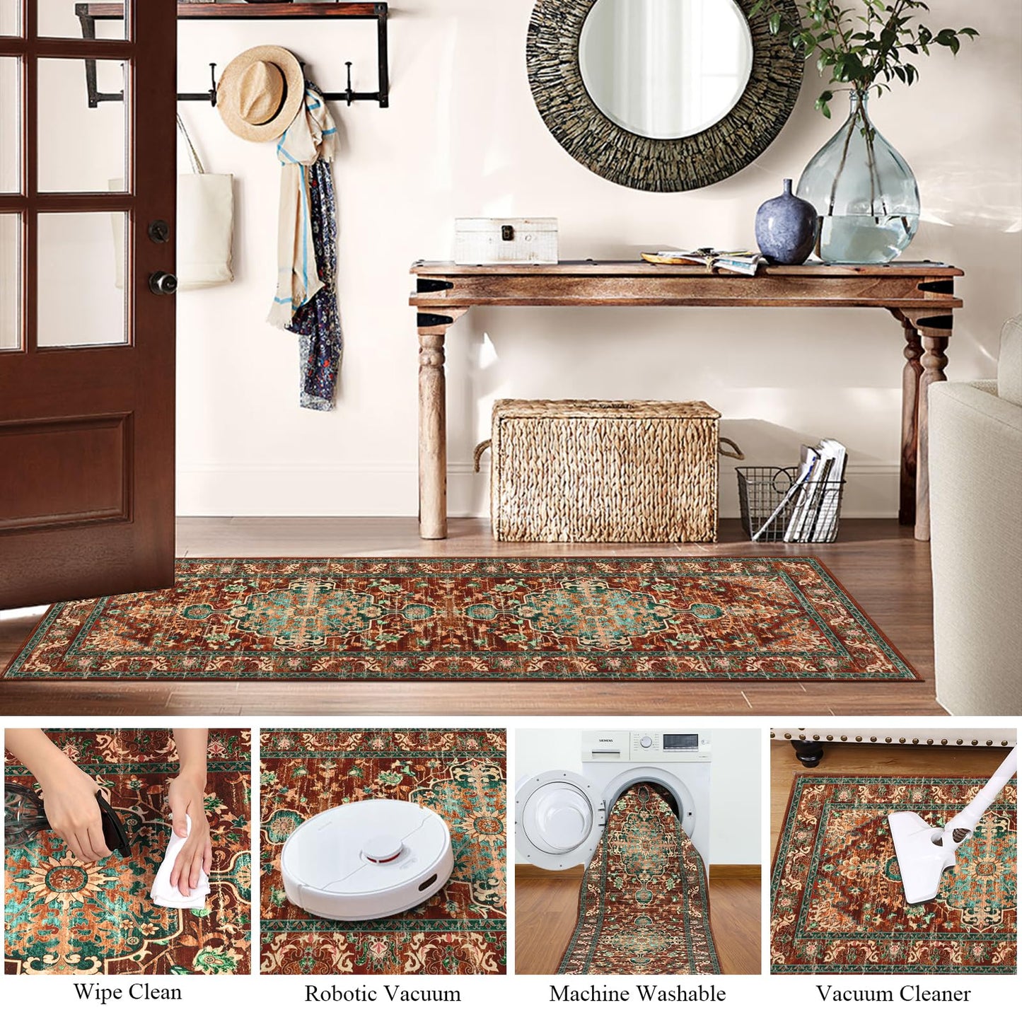 U'Artlines 2' x 8' Boho Hallway Runner Rug, Non Slip Washable Vintage Farmhouse Accent Area Rug Carpet for Kitchen Entryway Laundry and Living Room (Rust＆Teal)