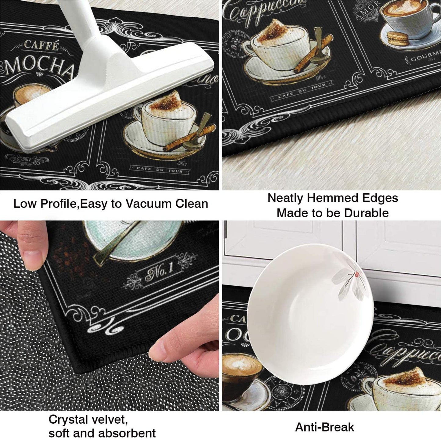 Faptoena Black Coffee Kitchen Rugs and Mats Set of 2 Coffee Cup Latte Mocha Art Decoration Non Slip Super Absorbent Kitchen Sink Mats Waterproof and Washable Runner Rugs for Laundry Room