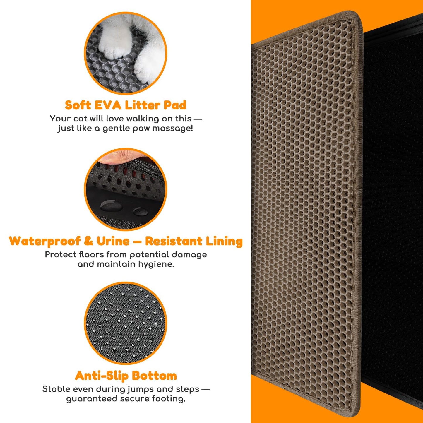 blissstorm Extra Large Waterproof Cat Litter Mat - 31x24 Inch Honeycomb Double Layer Traps Litter, Waterproof & Non-Slip Floor Protector, Easy Clean, Odor-Free, Brown