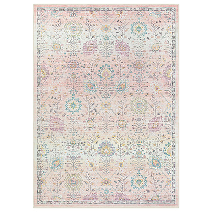 Lahome Flavie Pink Boho Area Rug for Nursery, 5x7 Washable Pink Rugs for Bedroom Girls Kids Room Living Room, Floral Pastel Carpet Non Slip for Teen Toddler Classroom Playroom Dorm, Bedroom Decor