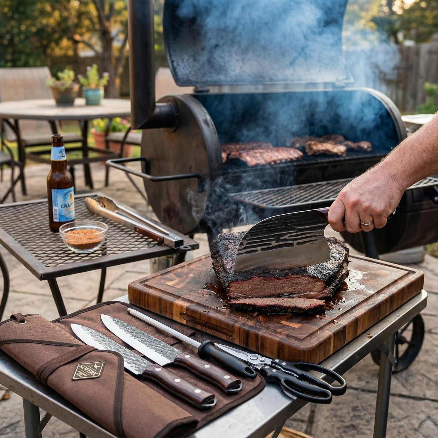 KOFERY Hand Forged Butcher Knife Set with Full Tang Damascus Steel for Pit Master BBQ, Smoking Meat and Meat Carving, Including Roll Bag, Shears and Sharpener for Outdoor Camping Gifts for Men