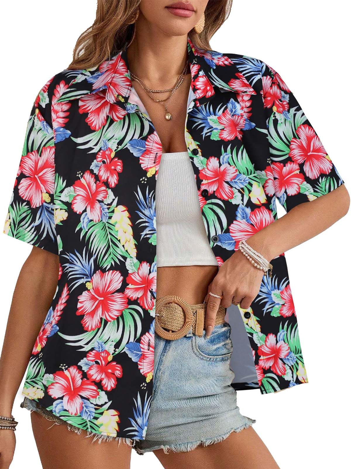 Women Hawaiian Shirt Button Down Summer Tops Beach Cool Short Sleeve V Neck Blouse(Red Black Floral,XL)