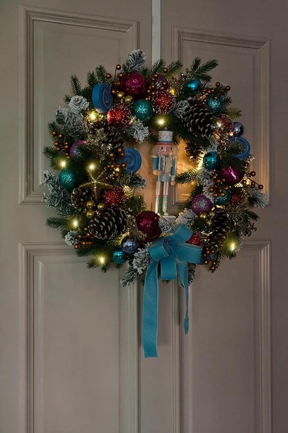 Pre-lit Christmas Wreath 28 Inch, Christmas Nutcracker Wreath Decoration for Home Front Door Porch Wall Winter Xmas Holiday Decor