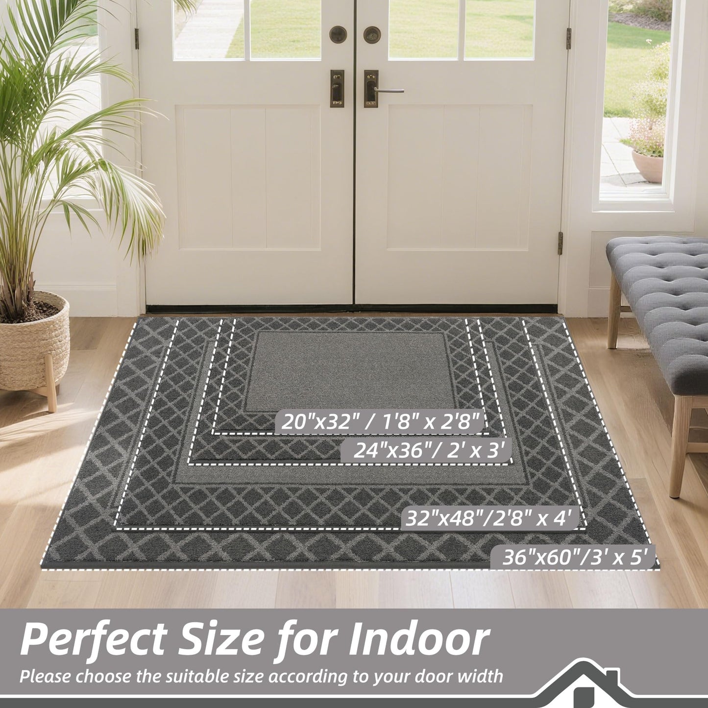 BEQHAUSE Door Mat Indoor Entrance Dirt Trapper Rugs for Entryway Non Slip Welcome Mat Absorbent Floor Mat Low Profile Washable Front Doormat for Dirty Paws, 24" x 36", Grey