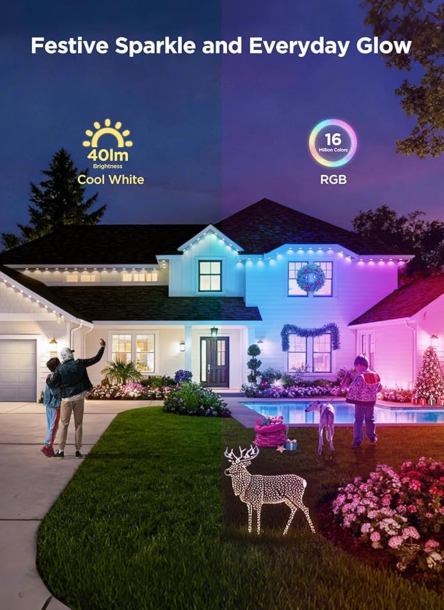 Permanent Outdoor Lights, 200FT with 128 Smart RGBIC LED Lights, DIY Scene Mode, IP68 Waterproof Christmas Light for Daily and Accent Lighting, Outdoor Decor, House Roof, Holiday Decorations