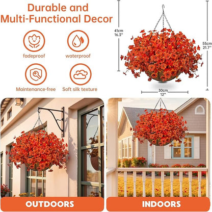 Artificial Fall Flowers with Hanging Baskets Outdoors for Decoration Faux mums for Outdoor planters Fake Mums Artificial Hanging Plants UV Resistant for Autumn Porch Home Patio Decor (Harvest Orange)