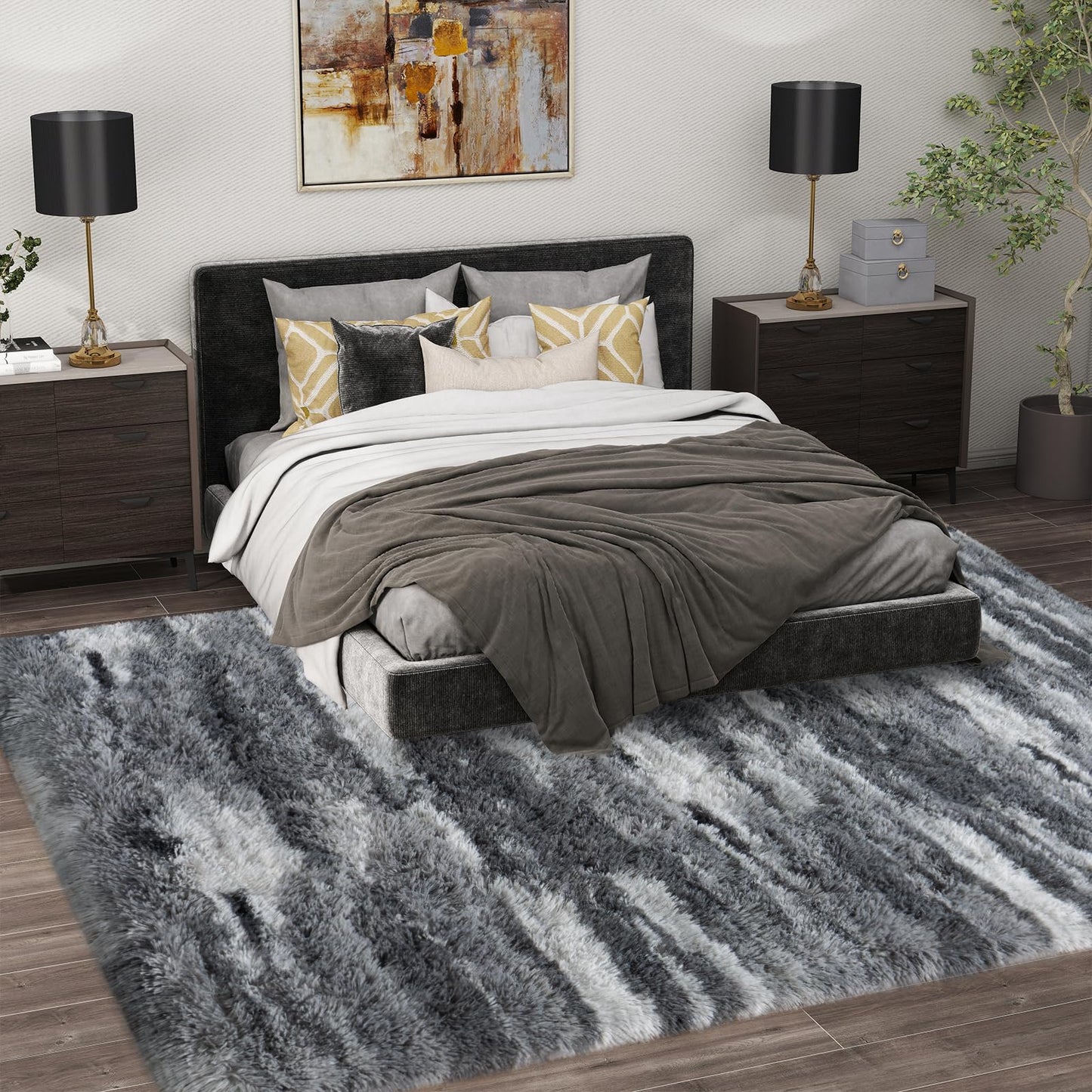 Ailyei Shag Rugs for Living Room 8x10, Ultra Soft Abstract Grey Big Fuzzy Rugs for Bedroom, 8 x 10 Fluffy Shaggy Plush Carpet Girls Kids Room Dorm Upgrade Non-Slip