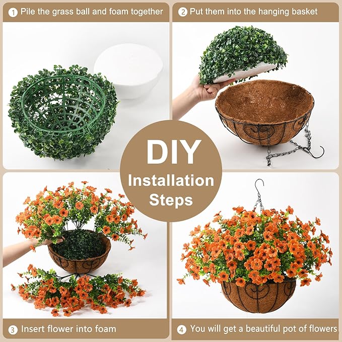 Artificial Faux Hanging Plants Flowers Basket for Fall Outdoor Decoration, Fake Silk Daisy in Planter Realistic UV Resistant Look Real for Porch Home Patio Balcony Yard(Orange)