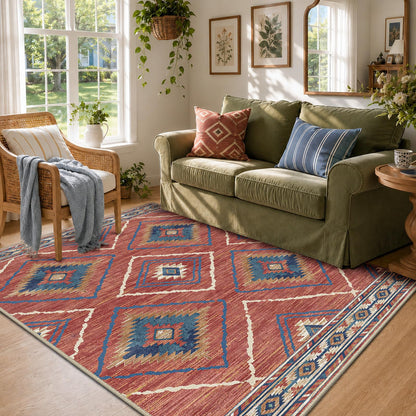 Area Rug 5x7 Rug Machine Washable Non-Slip Low Pile Print Pattern Western Rug for Living Room Bedroom Entryway Tribal Series -Red/Orange
