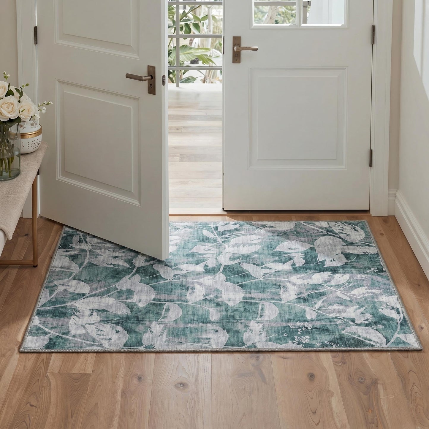 GENIMO 2X5 Hallway Runner, Machine Washable Non Slip Low Pile Soft Rugs, Modern Botanical Faded Leaves Carpet for Entryway, Kitchen, Dusty Sage