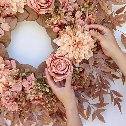 26" Fall Wreath for Front Door - Large Artificial Dahlia Flowers Fake Rose Faux Maple Leaves Outdoor Wreath for Porch, Window,Farmhouse,Home,Thanksgiving Day Harvest Festival Autumn Decor