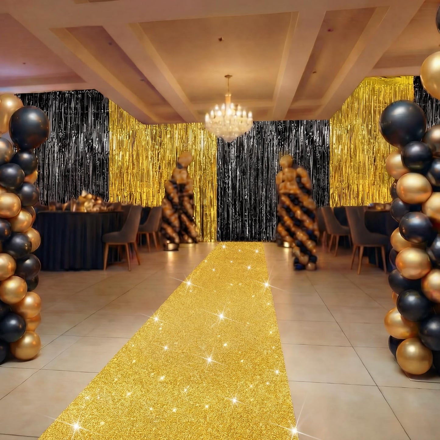 Moukeren 2026 Graduation Prom Decoration 2.5 x 30 ft Gold Carpet Runner with 4 Metal Tinsel Tassel Curtains for College Graduation Ceremony Birthday Wedding Party Decor