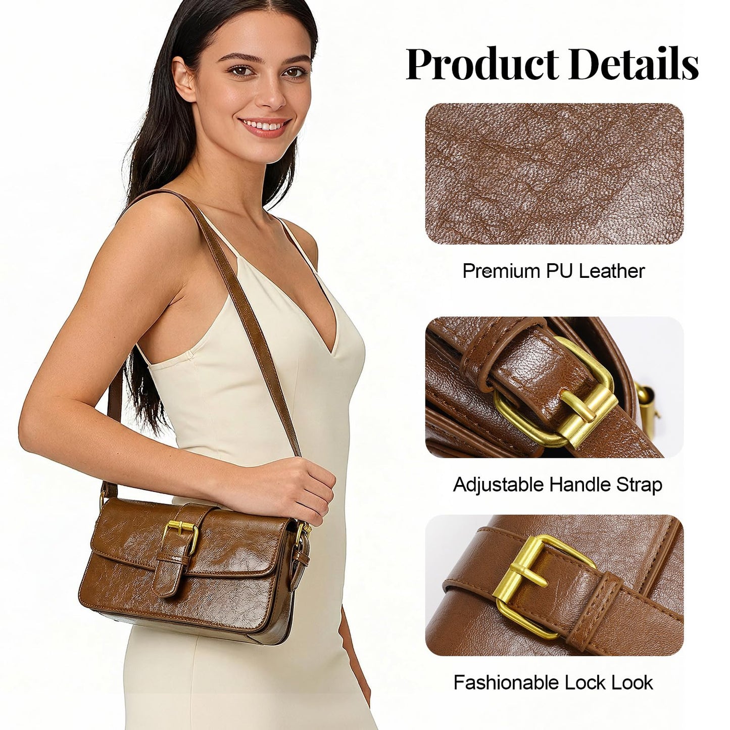XquiziFit Shoulder Bag for Women Small Clutch Purses Cute Hobo Purses and Handbags Retro Leather Underarm Crossbody Bag with 2 Removable Strap, Brown