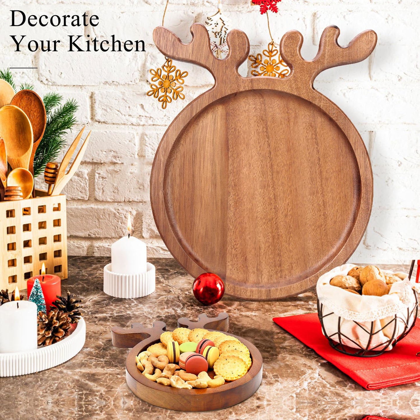 15"x12" Large Acacia Wood Christmas Decorative Veggie Tray Round Serving Platters Wooden Cheese Charcuterie Board Xmas Dinner Plate Dish Festive Fruit Tray Charger Plates for Christmas Holiday Platter