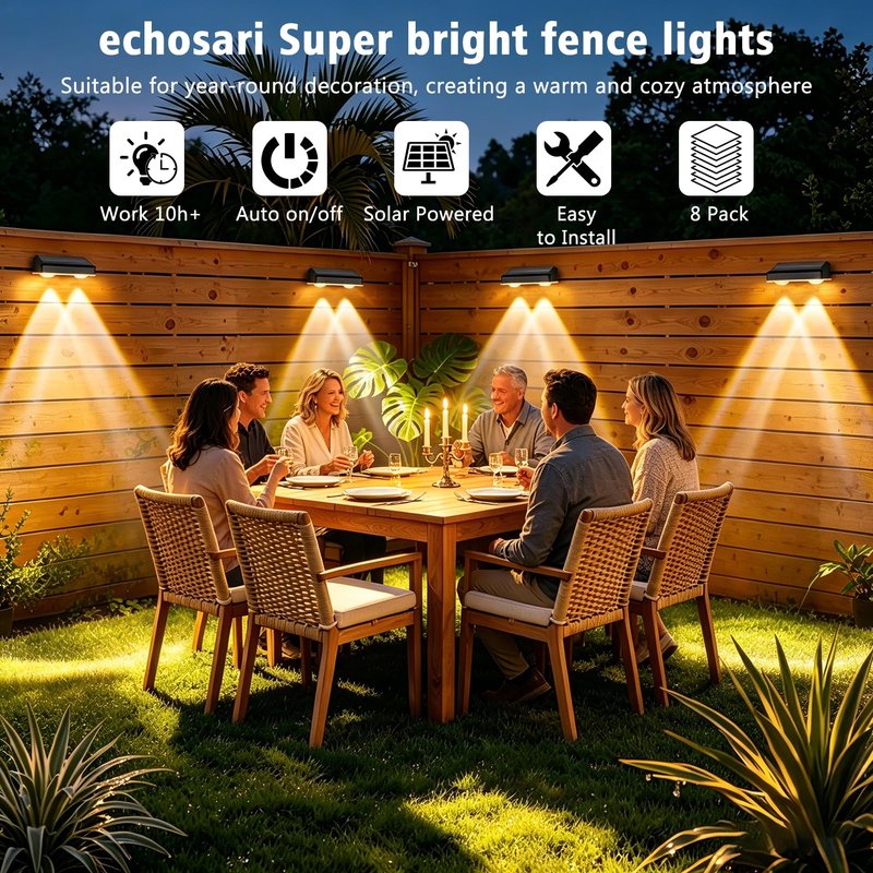 echosari Solar Fence Lights 8 Pack, 100 Lumen Ultra Bright Solar Wall Lights Outdoor Waterproof Lighting Auto ON/Off for Backyard Patio Railing Porch Step (2700K Warm White)