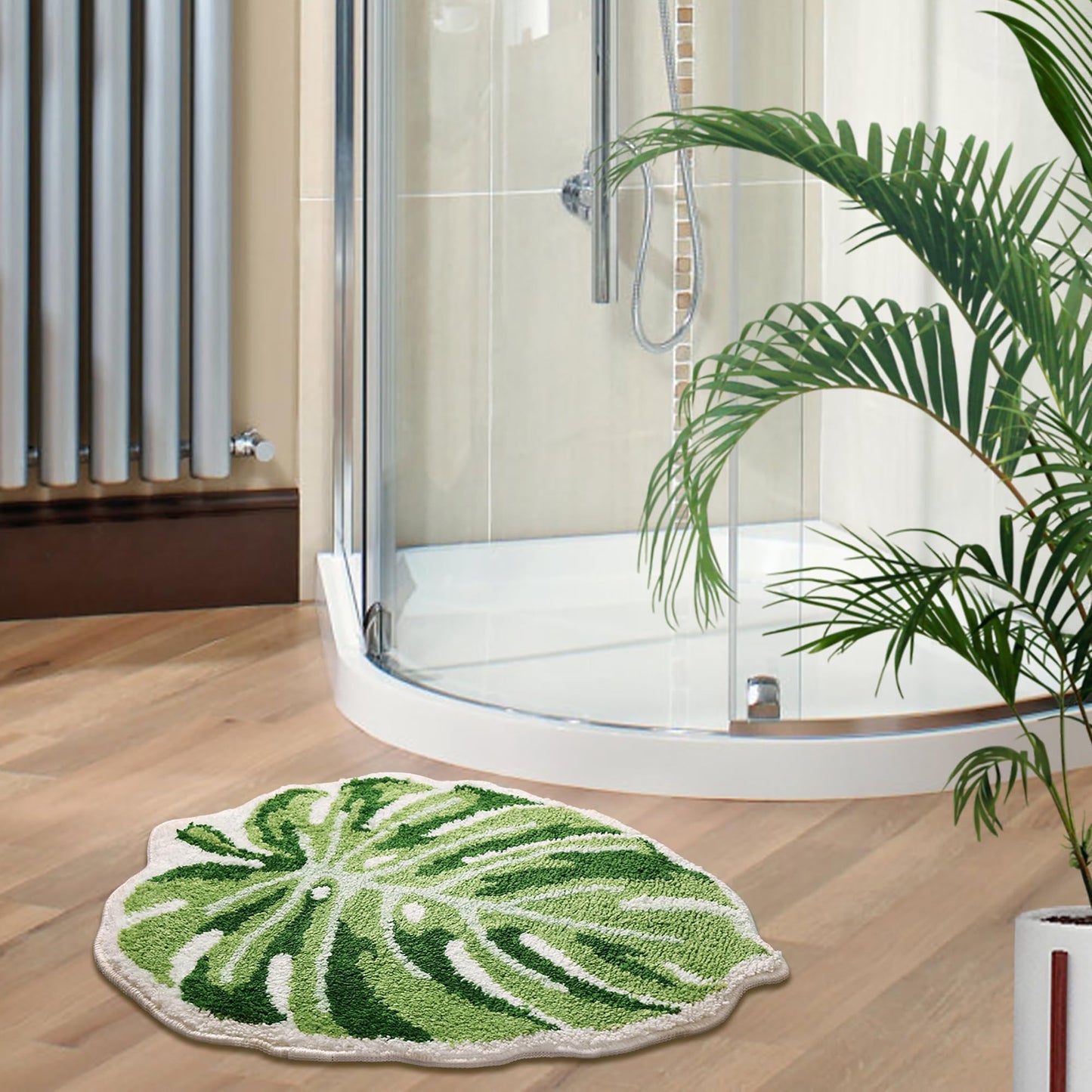 Panstar Green Leaf Mat, Large Monstera Cute Non Slip Palm Shaped Plush Fun Kitchen, Bathroom Bathtub Rugs Machine Washable