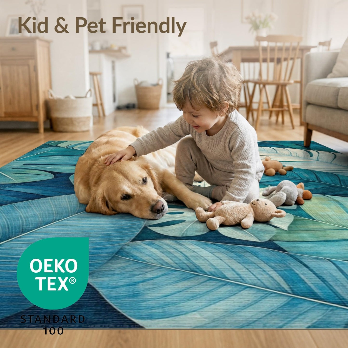 ODIKA Flatwoven High Traffic Area Rug 5x7, Tropical Breeze Mosaic with Monstera and Areca Leaf Interplay, Non Slip, Stain Resistant, Washable Area Rugs for Living Room, Bedroom (Teal, 5x7)