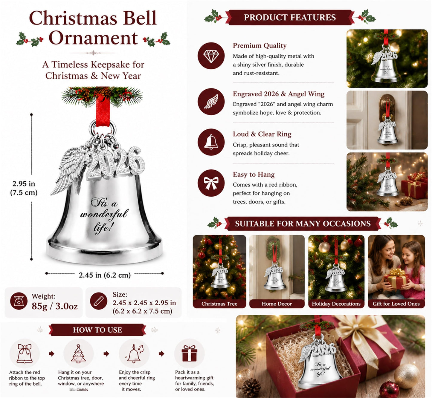 JUPPE 2026 Silver It's A Wonderful Life Christmas Bell Ornament for Christmas Tree Wedding Anniversary Decoration with Angel Wings, Hanging Bell for Door Opening, Crafts & Holiday Decor (Silver Bell)