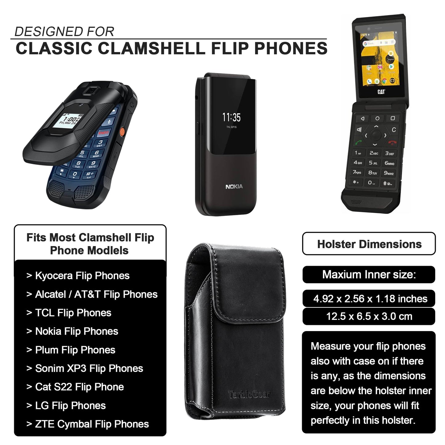 TarbicGear Leather Flip Phone Case with Belt Clip, Pouch for Kyocera & TCL & Nokia Flip Phone Holster for Belt, Cat S22 Case, Phones Sheath, Sonim XP3 Plus Magnetic Phones Pouch (Black)