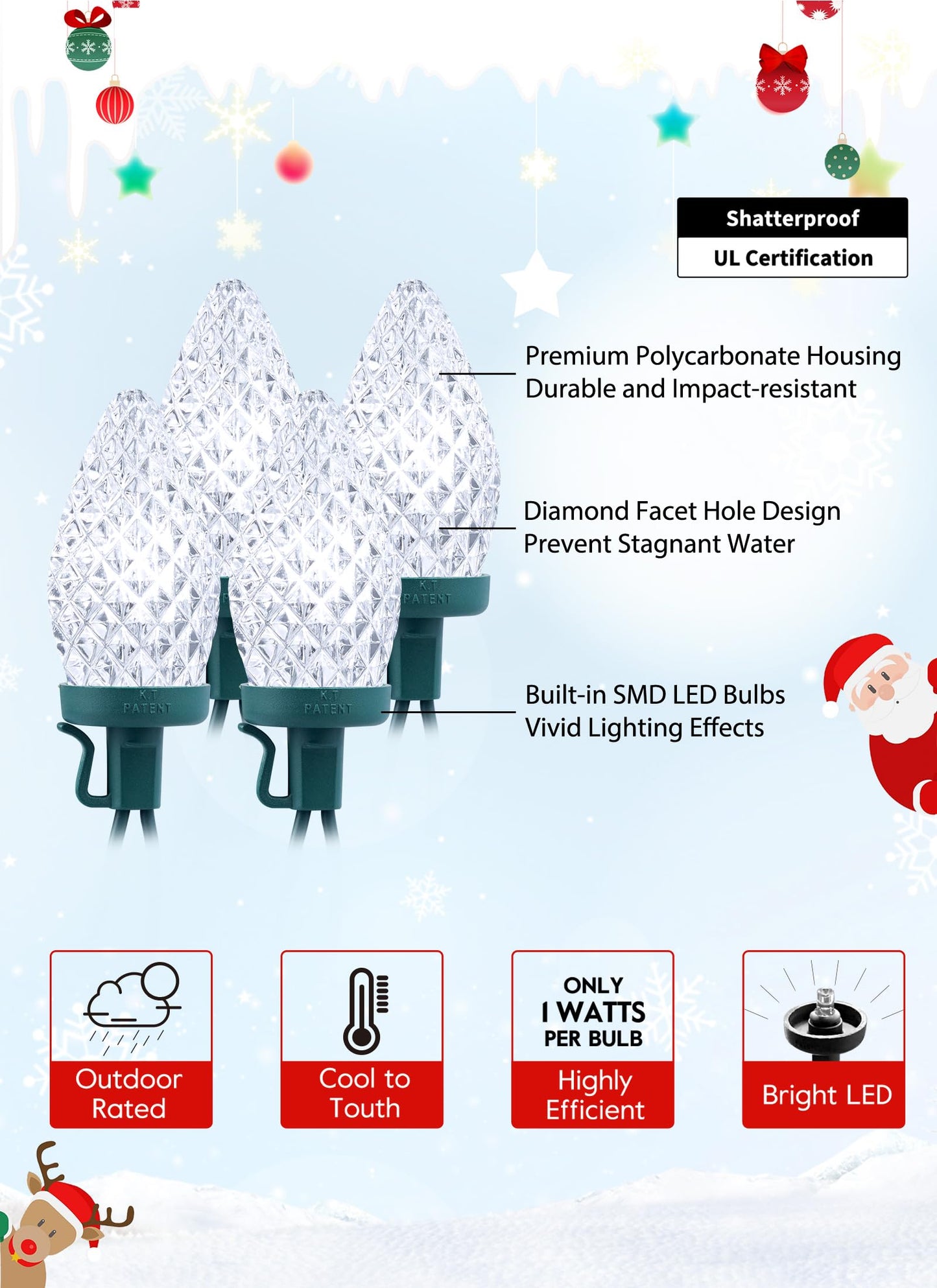 C9 Christmas Lights Outdoor, 114 Feet 150 LED C9 String Light with Timer & 8 Light Modes, Waterproof Commercial Grade Connectable Christmas Tree Lights for House Indoor Outside Roofline, Pure White