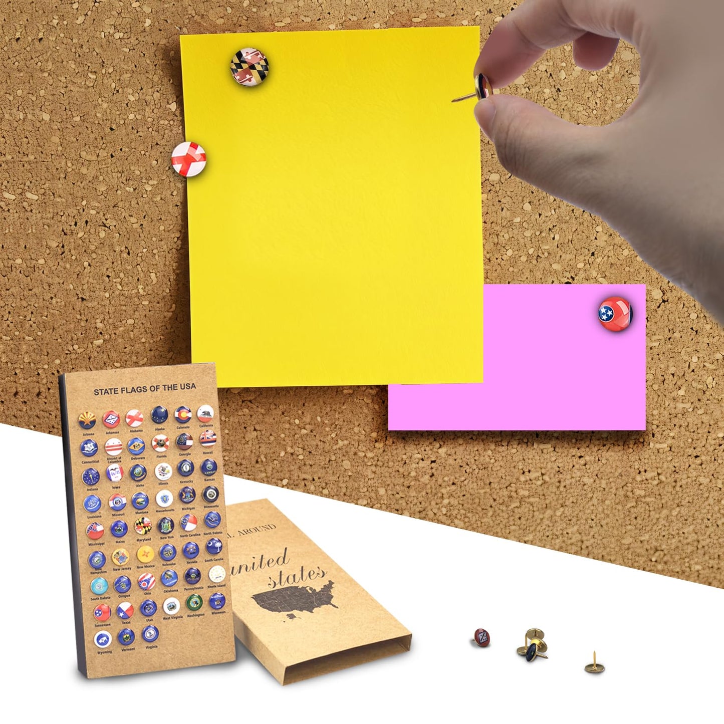 Pins for Cork Board, 51 pcs US State Flags Decorative Push Map Pins, for Marking Travel or School Home Office