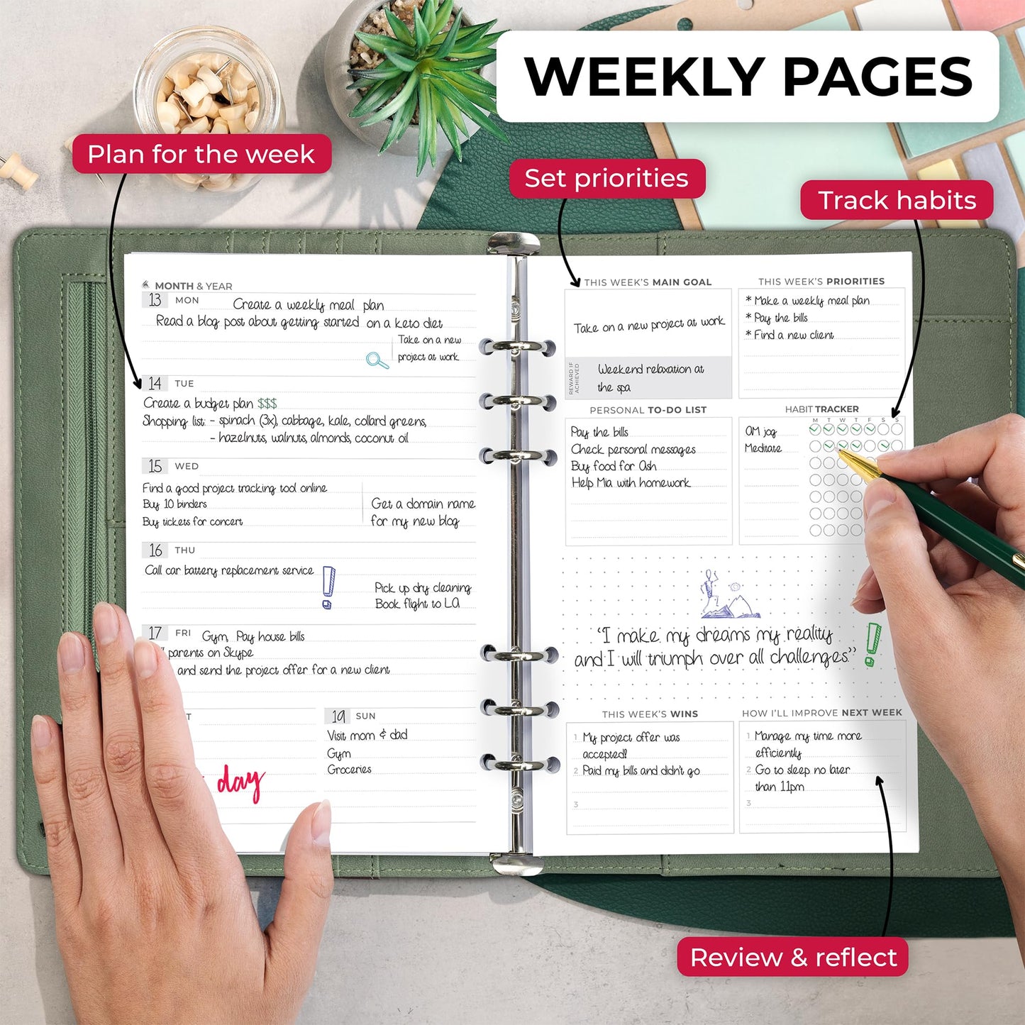 Clever Fox Weekly Planner Binder – Goal Setting Planner for Time Management & Weekly Tasks – Work & Life Organizer with To Do List & Habit Tracker – Undated, 7″ x 9″ Hardcover (Cypress)