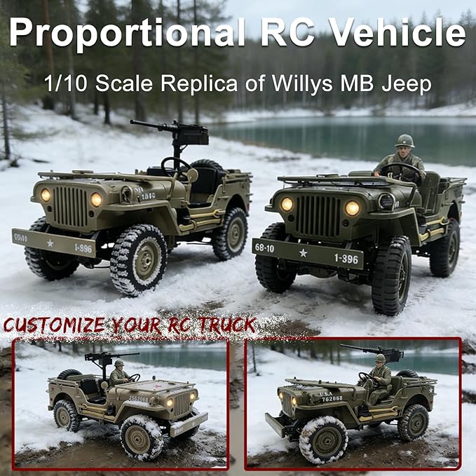 YUCT 1/10 RC Crawler - Military Vehicles Willys MB Jeep 4x4 Army Off Road Trucks for Adults(Camel with Driver Figure &amp Machine Gun)